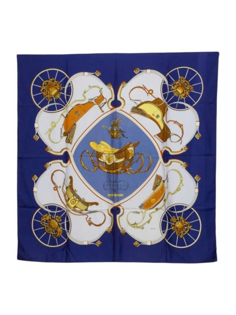 Hermes Carre 90 Spring Carriage Pattern Scarf Large Navy Multicolor